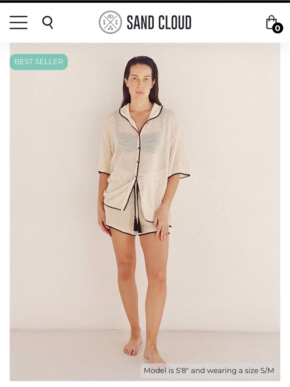 Sand Cloud Cream Crochet Lounge Shirt & Short Set with Black Trim